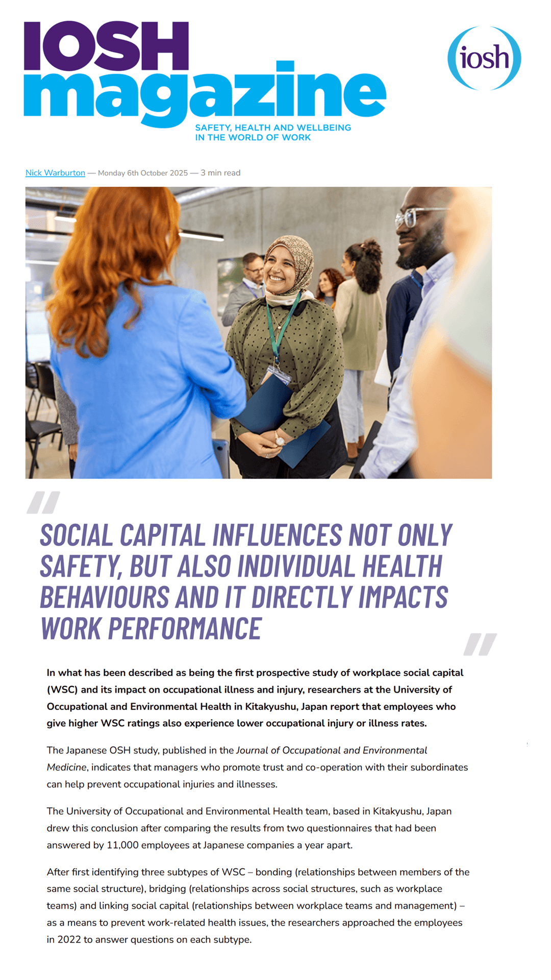 IOSH Magazine Japanese Employee Study Links Good Work Relationships to Fewer Occupational Injuries or Illness Cover