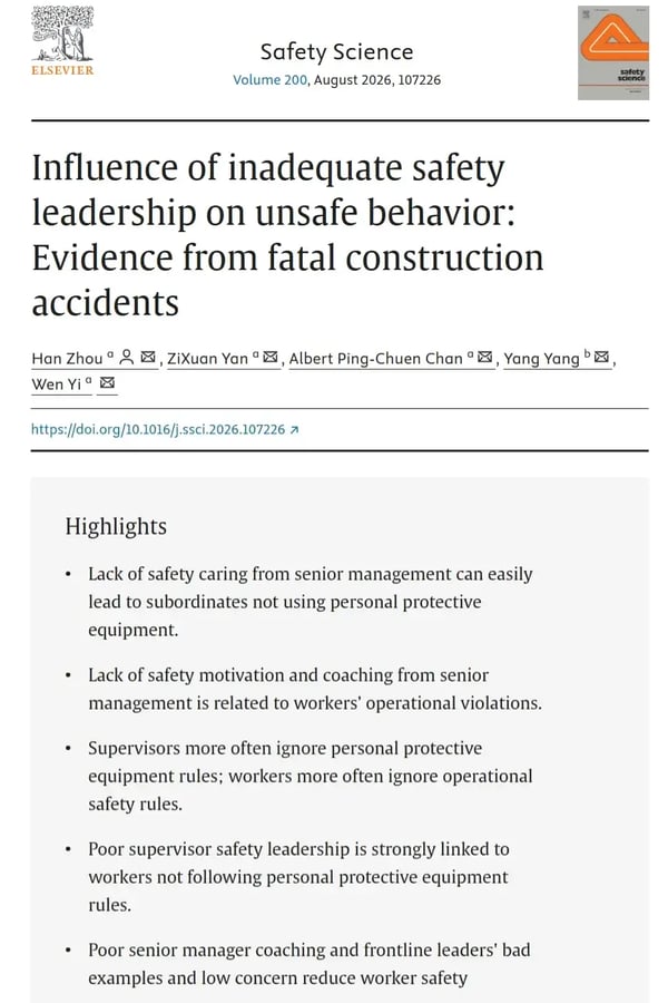 Influence of inadequate safety leadership on unsafe behavior Evidence from fatal construction accidents research paper in the journal Safety Science Cover