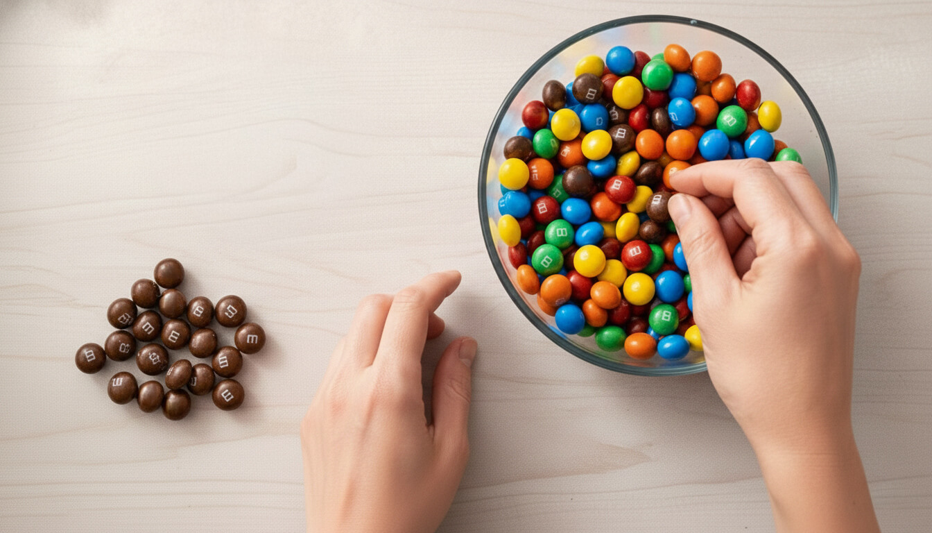 Hands carefully removing brown M&Ms from a colorful candy bowl, symbolising attention to detail and acting on weak signals