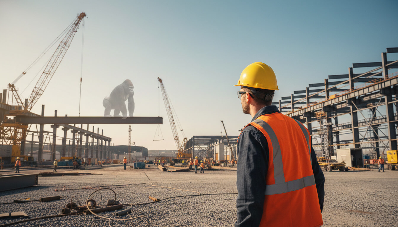 A construction worker in a hard hat and orange safety vest looks at a crane-lifted beam with a faint, ghostly gorilla on it, illustrating the leadership challenge of spotting hidden risks