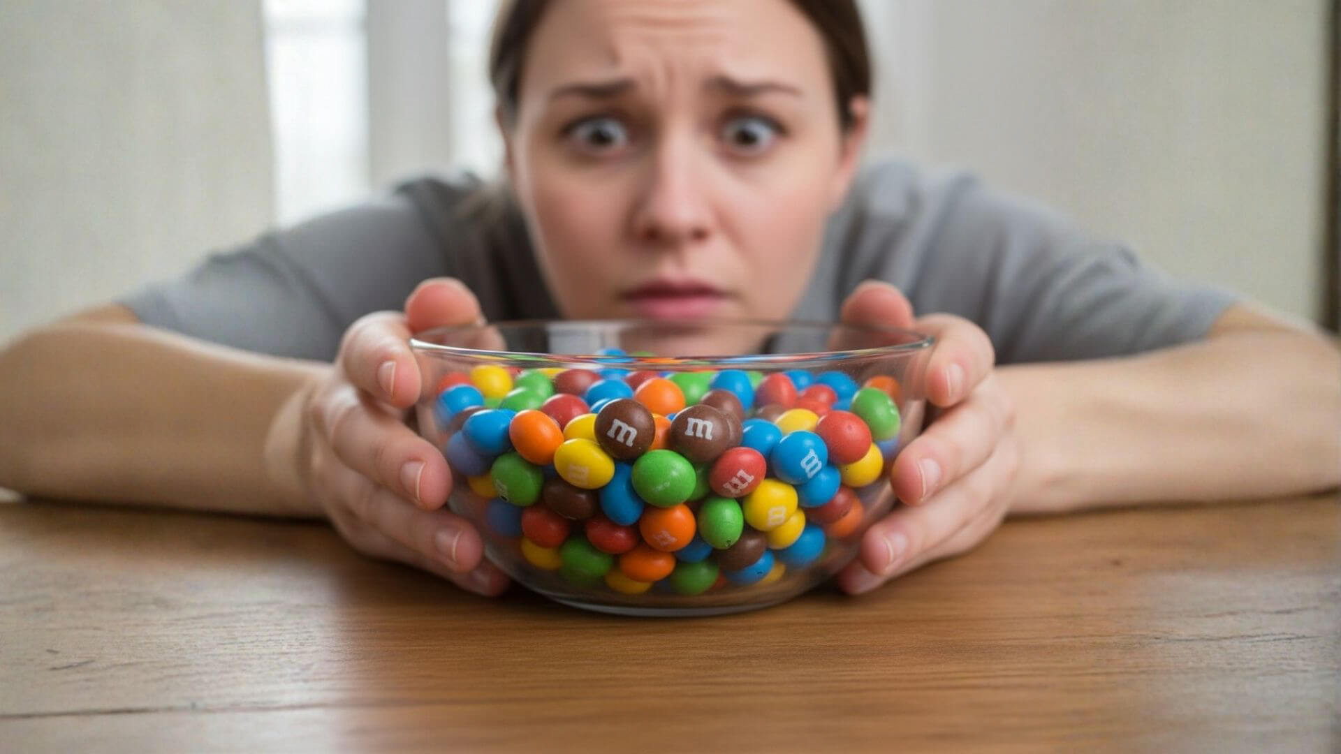 Young woman alarmed as she discovers brown M&Ms in a bowl of colorful M&Ms illustrating the concept of spotting weak signals